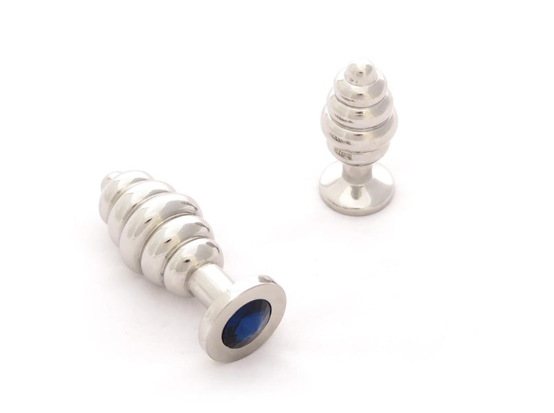 CHROME RIBBED SMALL PLUG WITH BLUE GEM
