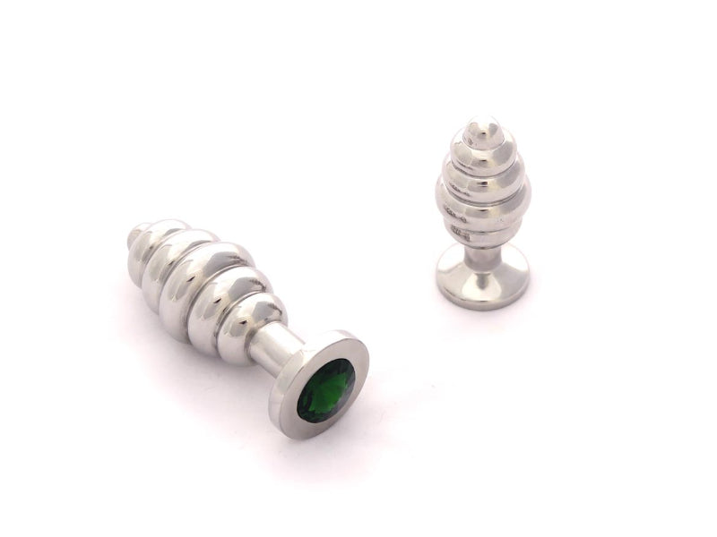 SMALL RIBBED BUTT PLUG WITH GREEN GEM