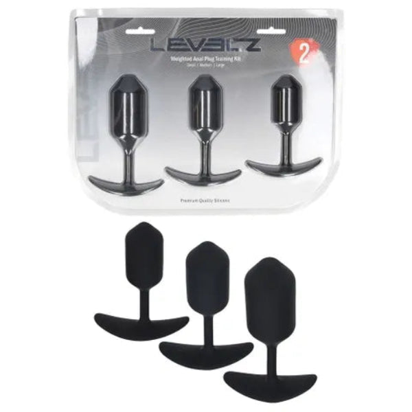 LEVELZ WEIGHTED SILICONE ANAL PLUG 3 PC TRAINING KIT BLACK