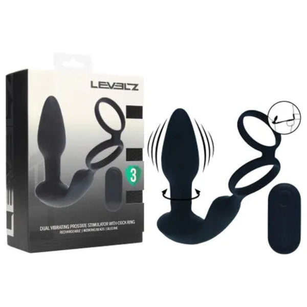 LEVELZ DUAL REMOTE CONTROL PROSTATE STIM & COCK RING BLACK