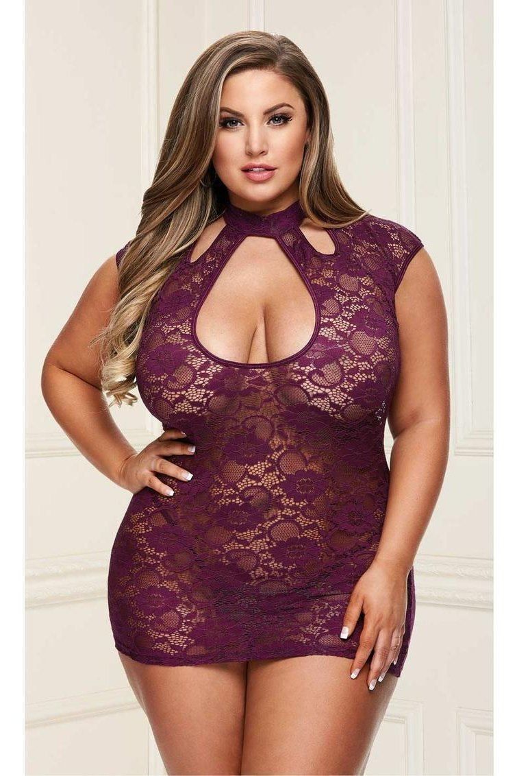 BACI QUEEN SIZE LACE KEYHOLE MINI DRESS PURPLE