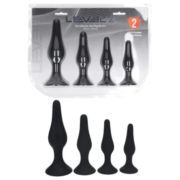 LEVELZ SLIM SILICONE ANAL PLUG 4 PC TRAINING KIT BLACK